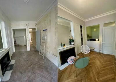 Avant et après travaux de rénovation d'un salon d'appartement.